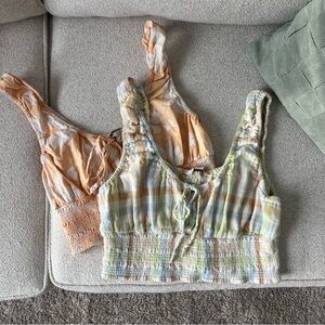 Set of 2 American Eagle Cropped Tank Tops | Floral & Plaid | Size Large